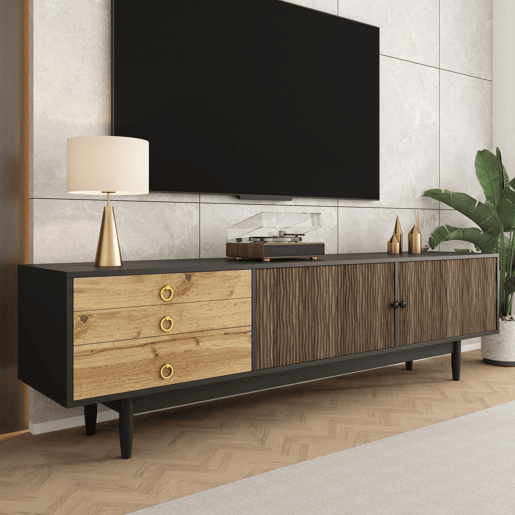 Móvel de TV - Características de portas com design ondulado e 3 gavetas - Preto e Natural