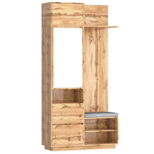 Roupeiro compacto 90 cm - com espelho, banco e sapateira - cor natural