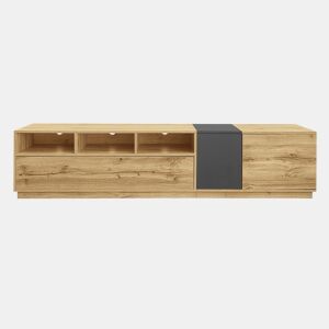 Móvel de TV moderno 200 cm - Design contrastante, compartimentos abertos - Preto, Cinza, Natural