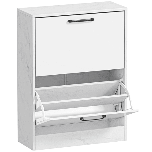 HOMCOM Sapateira Estreita 2 Portas de Alto Brilho Sapateira para Entrada com Prateleiras Ajustáveis Design Mármore para 8 Pares de Sapatos para Corredor Espaços Reduzidos 60x24x80 cm Branco