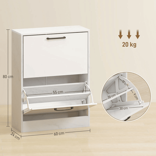 HOMCOM Sapateira Estreita 2 Portas de Alto Brilho Sapateira para Entrada com Prateleiras Ajustáveis Design Mármore para 8 Pares de Sapatos para Corredor Espaços Reduzidos 60x24x80 cm Branco