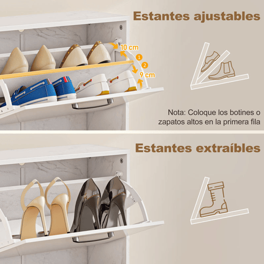 HOMCOM Sapateira Estreita 2 Portas de Alto Brilho Sapateira para Entrada com Prateleiras Ajustáveis Design Mármore para 8 Pares de Sapatos para Corredor Espaços Reduzidos 60x24x80 cm Branco