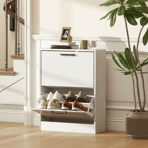 HOMCOM Sapateira Estreita 2 Portas de Alto Brilho Sapateira para Entrada com Prateleiras Ajustáveis Design Mármore para 8 Pares de Sapatos para Corredor Espaços Reduzidos 60x24x80 cm Branco