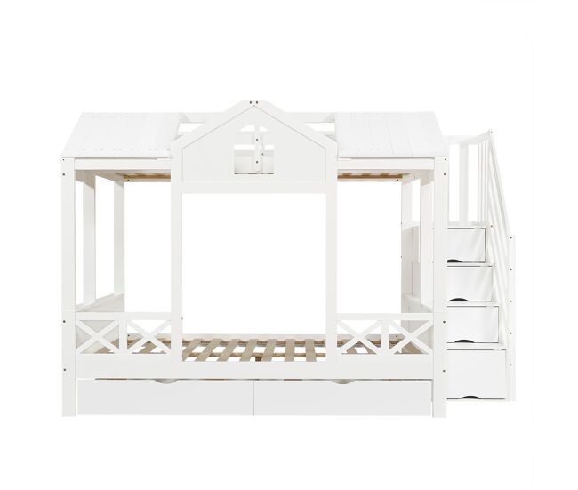 Cama litera infantil 90x200 y 140x200 - con cajones y escalera con almacenaje - blanca