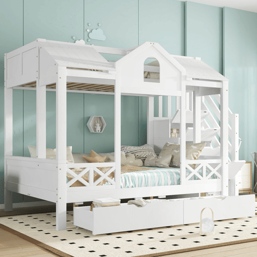 Beliche infantil 90x200 e 140x200 - com gavetas e escada com arrumação - branco