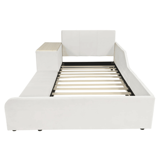Cama individual estofada 90x200 - Secretária e banco, cabeceira macia, estrado de madeira - Branco