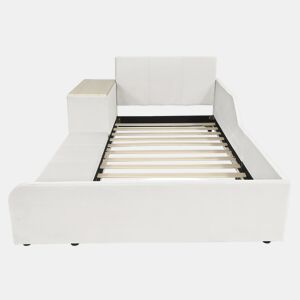 Cama individual estofada 90x200 - Secretária e banco, cabeceira macia, estrado de madeira - Branco