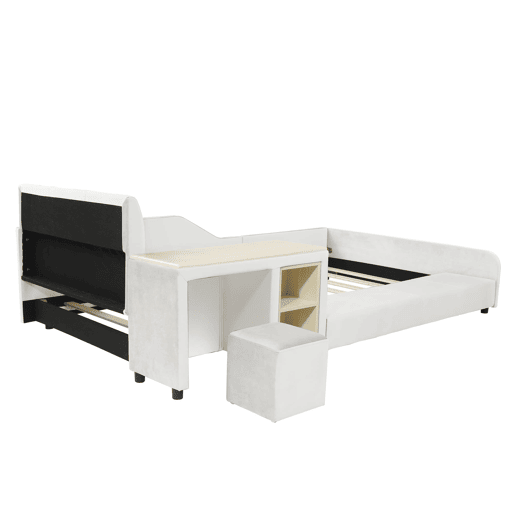 Cama individual estofada 90x200 - Secretária e banco, cabeceira macia, estrado de madeira - Branco