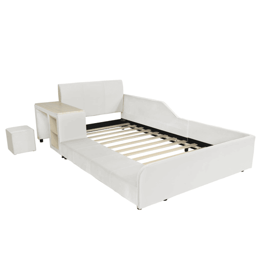 Cama individual estofada 90x200 - Secretária e banco, cabeceira macia, estrado de madeira - Branco