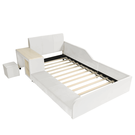 Cama individual estofada 90x200 - Secretária e banco, cabeceira macia, estrado de madeira - Branco