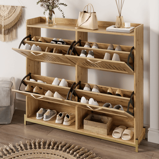 Zapatero 4 portas - Portas com ripas verticais, estrutura metálica, organizador de sapatos - Madeira