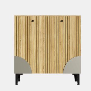 Sapateira moderna 90x32x94 cm - 3 portas, prateleira, estrutura preta, decoração cinzenta - Madeira clara
