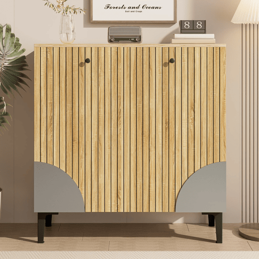 Sapateira moderna 90x32x94 cm - 3 portas, prateleira, estrutura preta, decoração cinzenta - Madeira clara