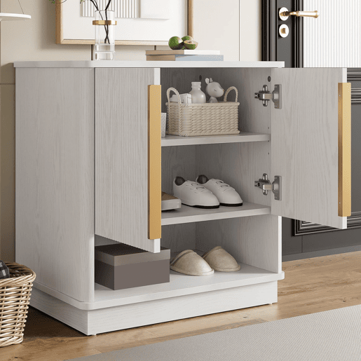Sapateira 60x40x61 cm - 2 portas, prateleira aberta, puxadores dourados - Branco