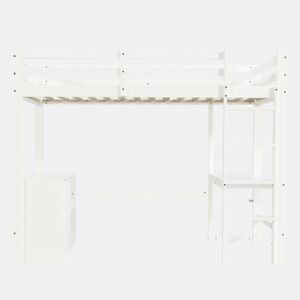 Cama alta infantil 90x200 cm - Com secretária, gaveteiro e estante, escada de 4 degraus - Branco