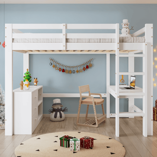 Cama alta infantil 90x200 cm - Com secretária, gaveteiro e estante, escada de 4 degraus - Branco Cama alta infantil 90x200 cm - Com secretária, gaveteiro e estante, escada de 4 degraus - Branco