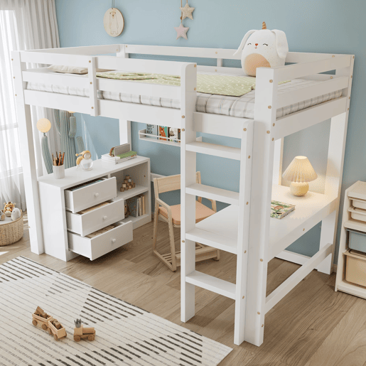 Cama alta infantil 90x200 cm - Com secretária, gaveteiro e estante, escada de 4 degraus - Branco Cama alta infantil 90x200 cm - Com secretária, gaveteiro e estante, escada de 4 degraus - Branco