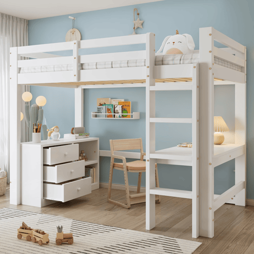 Cama alta infantil 90x200 cm - Com secretária, gaveteiro e estante, escada de 4 degraus - Branco Cama alta infantil 90x200 cm - Com secretária, gaveteiro e estante, escada de 4 degraus - Branco