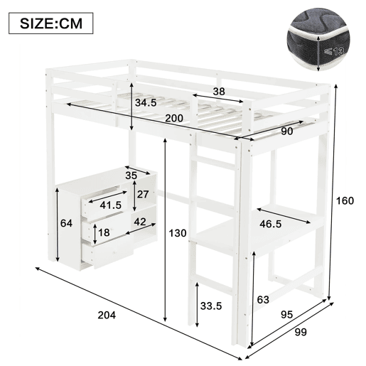 Cama alta infantil 90x200 cm - Com secretária, gaveteiro e estante, escada de 4 degraus - Branco Cama alta infantil 90x200 cm - Com secretária, gaveteiro e estante, escada de 4 degraus - Branco