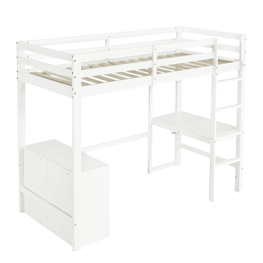 Cama alta infantil 90x200 cm - Com secretária, gaveteiro e estante, escada de 4 degraus - Branco Cama alta infantil 90x200 cm - Com secretária, gaveteiro e estante, escada de 4 degraus - Branco