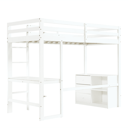 Cama alta infantil 90x200 cm - Com secretária, gaveteiro e estante, escada de 4 degraus - Branco Cama alta infantil 90x200 cm - Com secretária, gaveteiro e estante, escada de 4 degraus - Branco