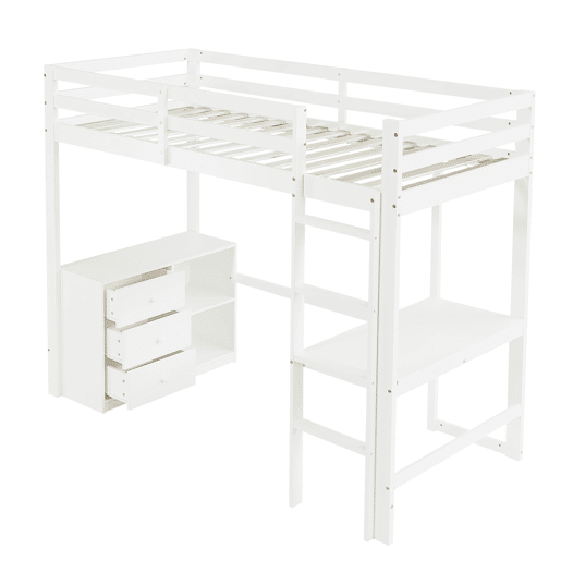 Cama alta infantil 90x200 cm - Com secretária, gaveteiro e estante, escada de 4 degraus - Branco Cama alta infantil 90x200 cm - Com secretária, gaveteiro e estante, escada de 4 degraus - Branco