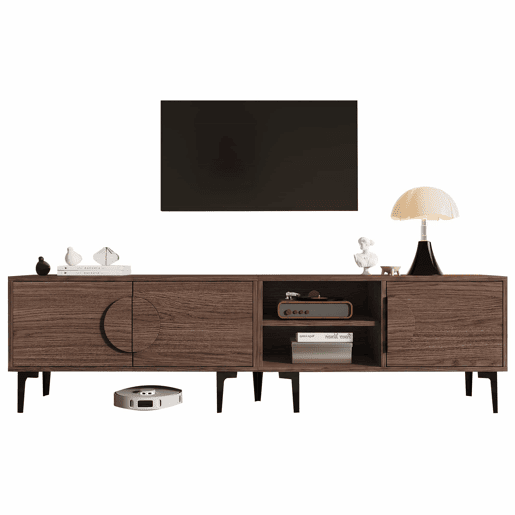 Móvel de TV 180 x 35 x 49 cm u2013 com 2 armários, prateleiras abertas e suporte para televisores até 80 polegadas u2013 Carvalho escuro Móvel de TV 180 x 35 x 49 cm u2013 com 2 armários, prateleiras abertas e suporte para televisores até 80 polegadas u2013 Carvalho escuro