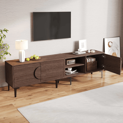 Móvel de TV 180 x 35 x 49 cm u2013 com 2 armários, prateleiras abertas e suporte para televisores até 80 polegadas u2013 Carvalho escuro Móvel de TV 180 x 35 x 49 cm u2013 com 2 armários, prateleiras abertas e suporte para televisores até 80 polegadas u2013 Carvalho escuro