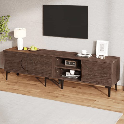Móvel de TV 180 x 35 x 49 cm u2013 com 2 armários, prateleiras abertas e suporte para televisores até 80 polegadas u2013 Carvalho escuro Móvel de TV 180 x 35 x 49 cm u2013 com 2 armários, prateleiras abertas e suporte para televisores até 80 polegadas u2013 Carvalho escuro
