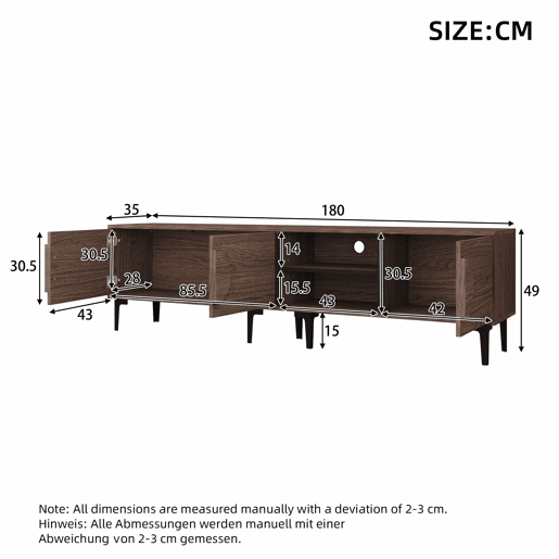 Móvel de TV 180 x 35 x 49 cm u2013 com 2 armários, prateleiras abertas e suporte para televisores até 80 polegadas u2013 Carvalho escuro Móvel de TV 180 x 35 x 49 cm u2013 com 2 armários, prateleiras abertas e suporte para televisores até 80 polegadas u2013 Carvalho escuro