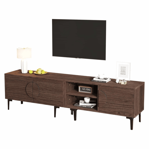 Móvel de TV 180 x 35 x 49 cm u2013 com 2 armários, prateleiras abertas e suporte para televisores até 80 polegadas u2013 Carvalho escuro Móvel de TV 180 x 35 x 49 cm u2013 com 2 armários, prateleiras abertas e suporte para televisores até 80 polegadas u2013 Carvalho escuro