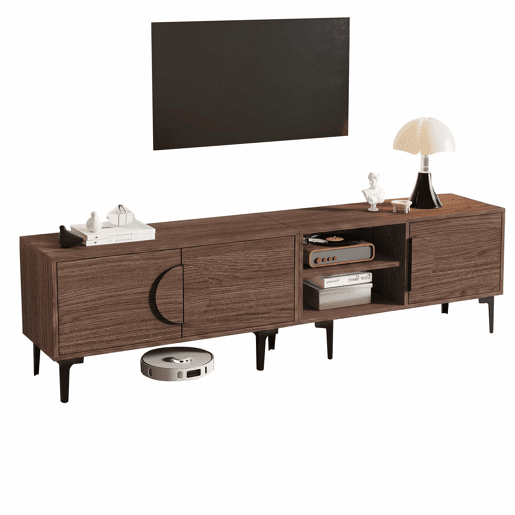 Móvel de TV 180 x 35 x 49 cm u2013 com 2 armários, prateleiras abertas e suporte para televisores até 80 polegadas u2013 Carvalho escuro Móvel de TV 180 x 35 x 49 cm u2013 com 2 armários, prateleiras abertas e suporte para televisores até 80 polegadas u2013 Carvalho escuro