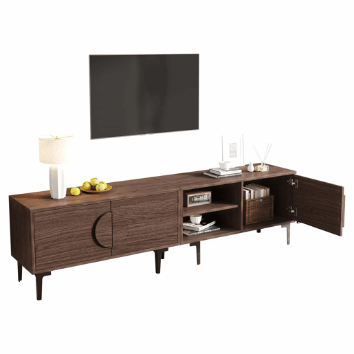 Móvel de TV 180 x 35 x 49 cm u2013 com 2 armários, prateleiras abertas e suporte para televisores até 80 polegadas u2013 Carvalho escuro Móvel de TV 180 x 35 x 49 cm u2013 com 2 armários, prateleiras abertas e suporte para televisores até 80 polegadas u2013 Carvalho escuro