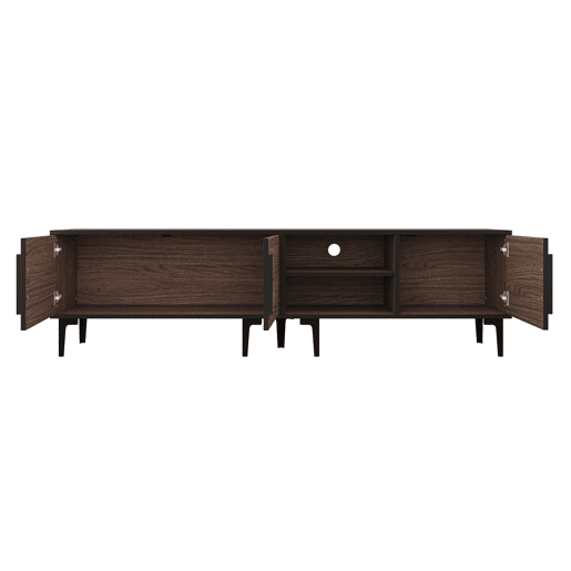 Móvel de TV 180 x 35 x 49 cm u2013 com 2 armários, prateleiras abertas e suporte para televisores até 80 polegadas u2013 Carvalho escuro Móvel de TV 180 x 35 x 49 cm u2013 com 2 armários, prateleiras abertas e suporte para televisores até 80 polegadas u2013 Carvalho escuro