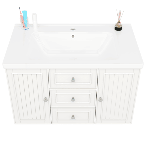 Móvel de casa de banho suspenso 78,5 x 46 x 46,8 cm - 3 gavetas, lavatório integrado - Branco