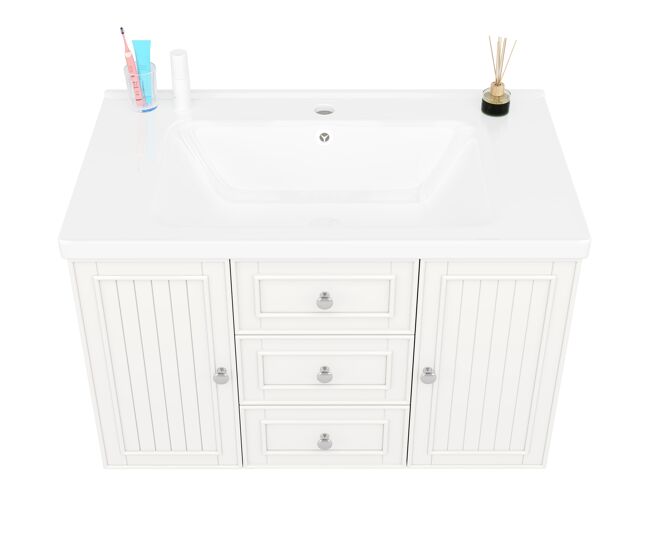 Mueble de baño suspendido 78.5x46x46.8 cm - 3 cajones, lavabo integrado - blanco