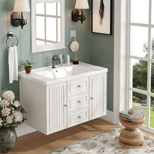 Móvel de casa de banho suspenso 78,5 x 46 x 46,8 cm - 3 gavetas, lavatório integrado - Branco