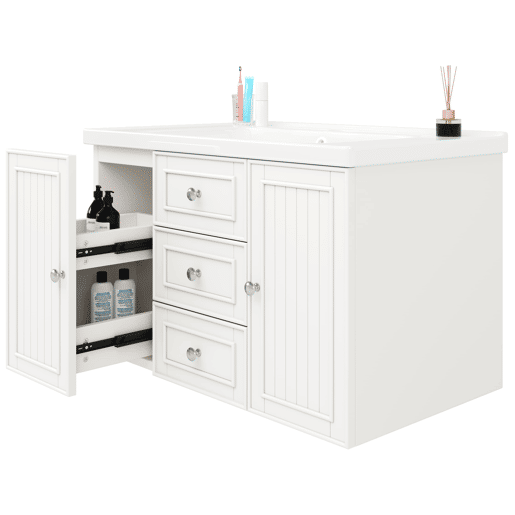 Móvel de casa de banho suspenso 78,5 x 46 x 46,8 cm - 3 gavetas, lavatório integrado - Branco
