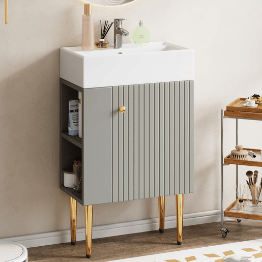 Móvel de casa de banho 55 cm - Armário baixo para lavatório pequeno - Cinza e branco Móvel de casa de banho 55 cm - Armário baixo para lavatório pequeno - Cinza e branco