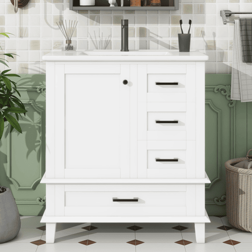 Armário de casa de banho 76x46x83,5 cm - Com lavatório, 3 gavetas silenciosas, prateleira na porta - Branco