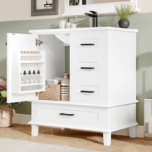 Armário de casa de banho 76x46x83,5 cm - Com lavatório, 3 gavetas silenciosas, prateleira na porta - Branco