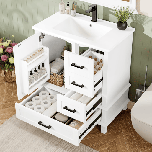 Armário de casa de banho 76x46x83,5 cm - Com lavatório, 3 gavetas silenciosas, prateleira na porta - Branco