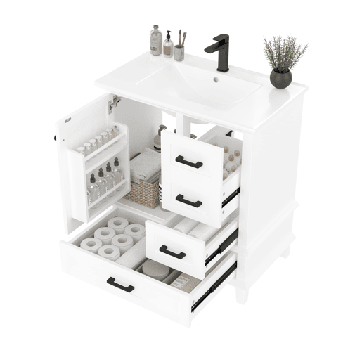 Armário de casa de banho 76x46x83,5 cm - Com lavatório, 3 gavetas silenciosas, prateleira na porta - Branco