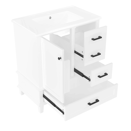 Armário de casa de banho 76x46x83,5 cm - Com lavatório, 3 gavetas silenciosas, prateleira na porta - Branco