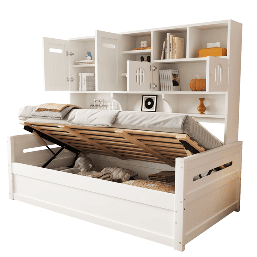 Sofá-cama de madeira 90x200 cm - Multifuncional, com arrumação, hidráulico, branco Sofá-cama de madeira 90x200 cm - Multifuncional, com arrumação, hidráulico, branco