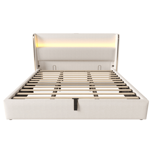 Cama hidráulica 180x200 cm - Com cabeceira ajustável, LED, armazenamento e portas USBType-C - Bege