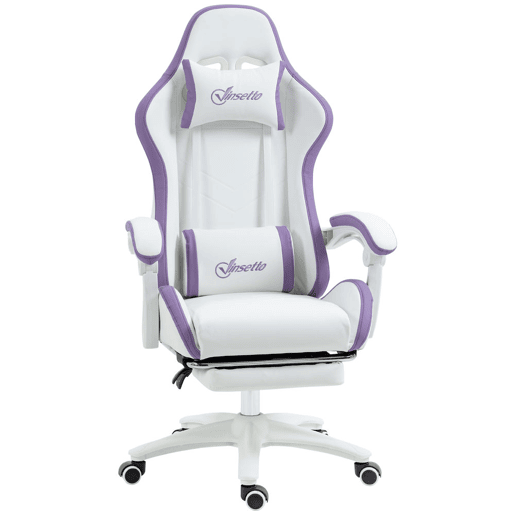 Vinsetto Cadeira Gaming Cadeira Gamer Racing de Couro PU com Altura Ajustável Reclinável 135° Apoio para a Cabeça e Apoio para os Pés Retrátil para Escritório Estúdio 65x65x121-129 cm Branco e Roxo