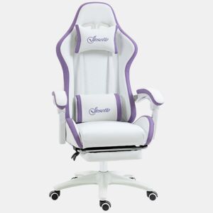 Vinsetto Cadeira Gaming Cadeira Gamer Racing de Couro PU com Altura Ajustável Reclinável 135° Apoio para a Cabeça e Apoio para os Pés Retrátil para Escritório Estúdio 65x65x121-129 cm Branco e Roxo