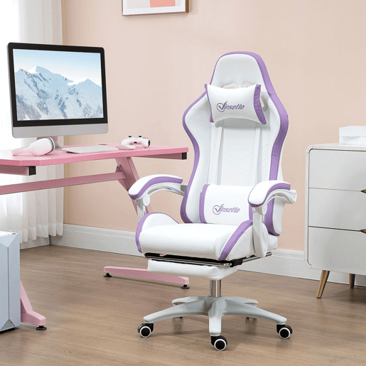 Vinsetto Cadeira Gaming Cadeira Gamer Racing de Couro PU com Altura Ajustável Reclinável 135° Apoio para a Cabeça e Apoio para os Pés Retrátil para Escritório Estúdio 65x65x121-129 cm Branco e Roxo