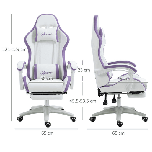 Vinsetto Cadeira Gaming Cadeira Gamer Racing de Couro PU com Altura Ajustável Reclinável 135° Apoio para a Cabeça e Apoio para os Pés Retrátil para Escritório Estúdio 65x65x121-129 cm Branco e Roxo